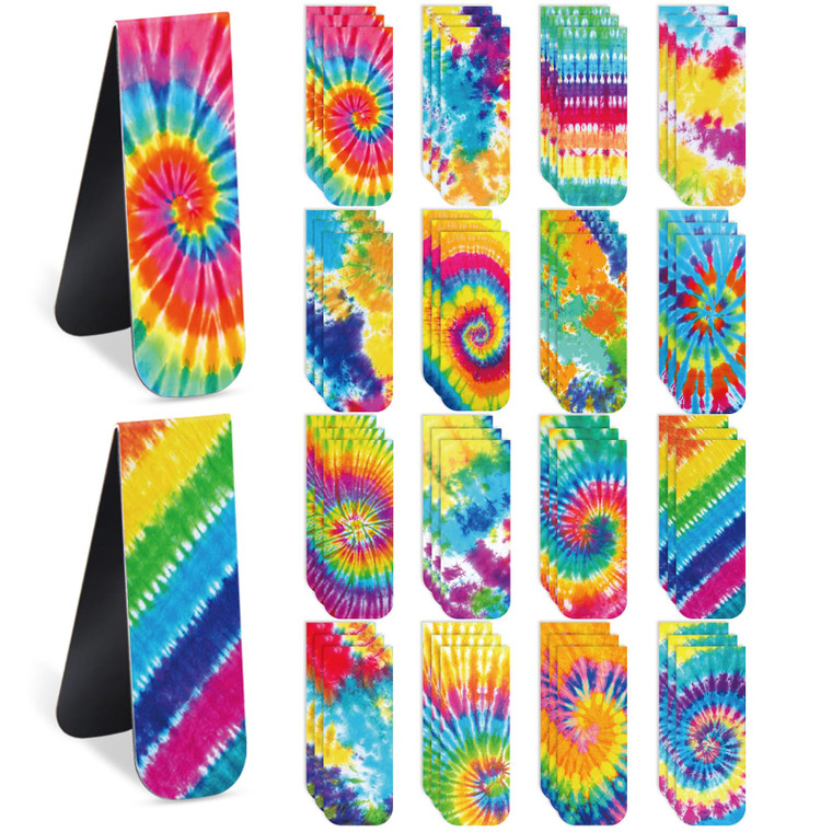 Faccito 48 Pcs Tie Dye Bookmarks Tie Dye Magnetic Book Marks Foldable Hippie Theme Marker Clips Hippie Party Favors for Kids Students Back to School