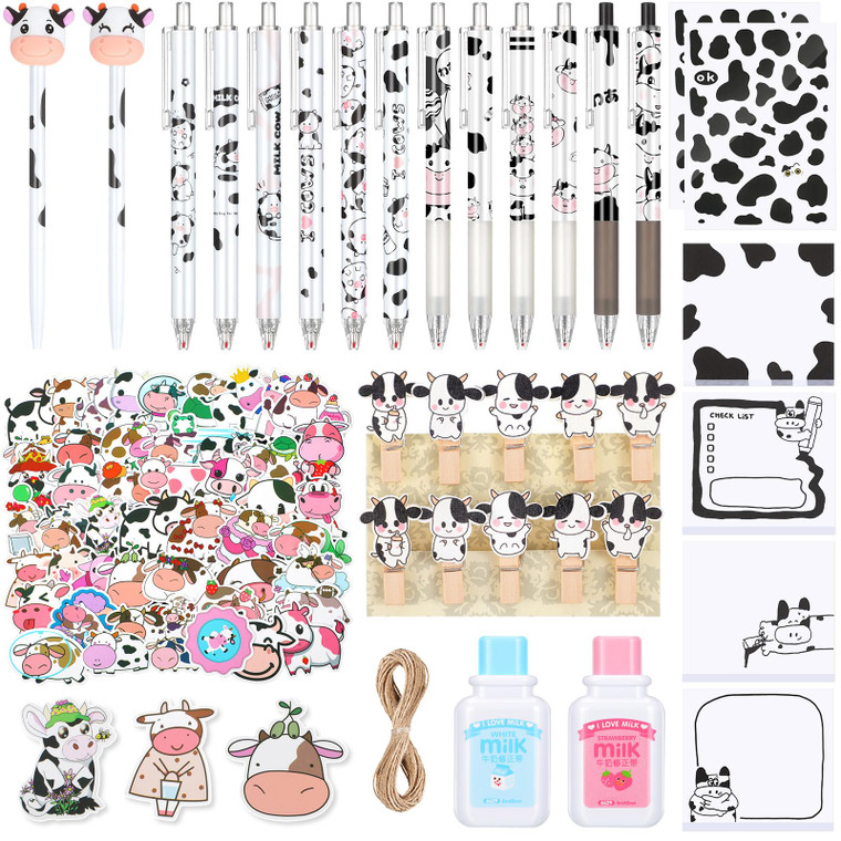 Crtiin 82 Pcs Cute Cow Gift Set Kawaii Retractable Black Ink Pens Milk Correction Tape Cow Paperclip Bookmarks Sticky Notes Stickers for Christmas Of