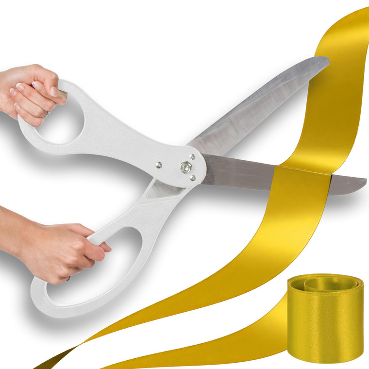 20 Inch White Giant Scissors  Extra Large Ceremonial Cutting Tool with Gold Ribbon for Grand Opening Event Supplies Decorations and Business Celebra