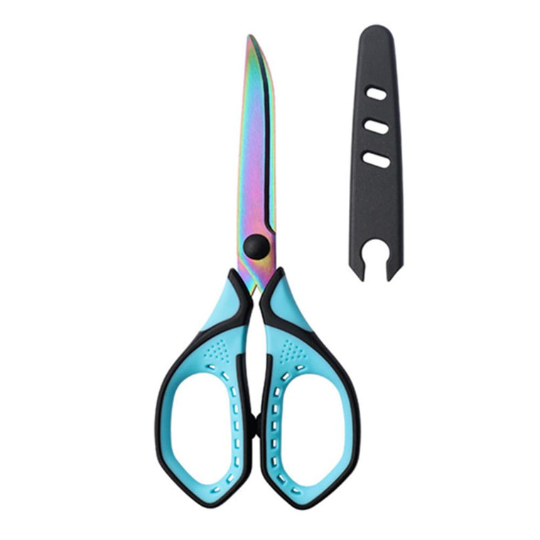 SoftGrip Titanium Non-Stick Scissors with Cover, All-Purpose Fabric Sewing & Craft Scissors - Sharp Shears Cutter for Home & School (Blue & Rainbow)