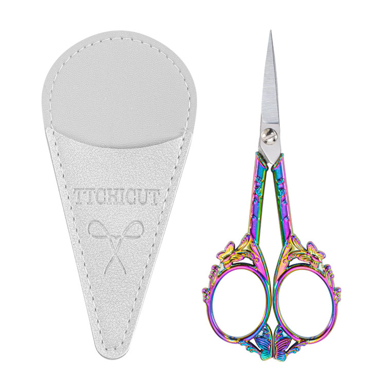 Vintage Stainless Steel Scissors - Small Sewing & Crochet Scissors for Needlework Craft & Art Work - Manual DIY Tool with PU Leather Sheath (Rainbow)