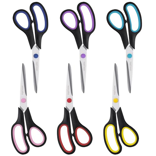 Scissors, BOOMIBOO 8" All Purpose 6 Pack - Comfort-Grip Scissors for Office Desk Accessories Sewing Fabric Home Craft School Supplies, Teacher/Class