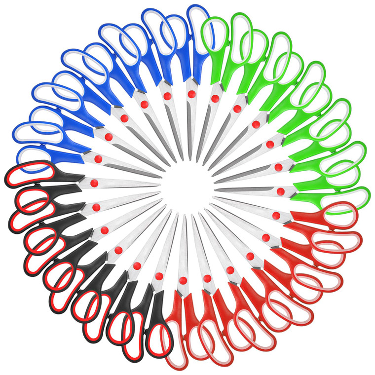 Mekueeex Modern Multipurpose Scissors, 8" Bulk 24-Pack, Stainless Steel, Ambidextrous, Red, Blue, Green, Black