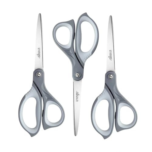 LIVINGO 3 Pack Scissors for Office: Sharp Stainless Steel Shears Heavy Duty All Purpose for Cutting Crafting Paper Fabric, Gray Comfort Handles, 8.5