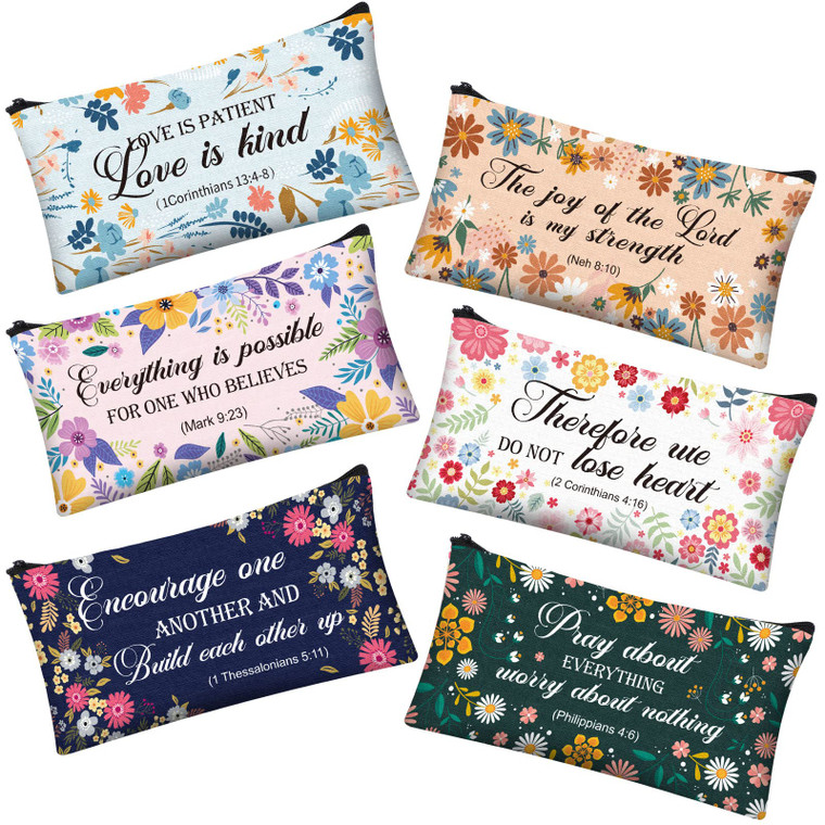 Zonon 6 Pcs Bible Verse Makeup Bags Bulk Pencil Pouch for Women Inspirational Christian Thanksgiving Christmas Gift for Employee Coworkers Church Lad