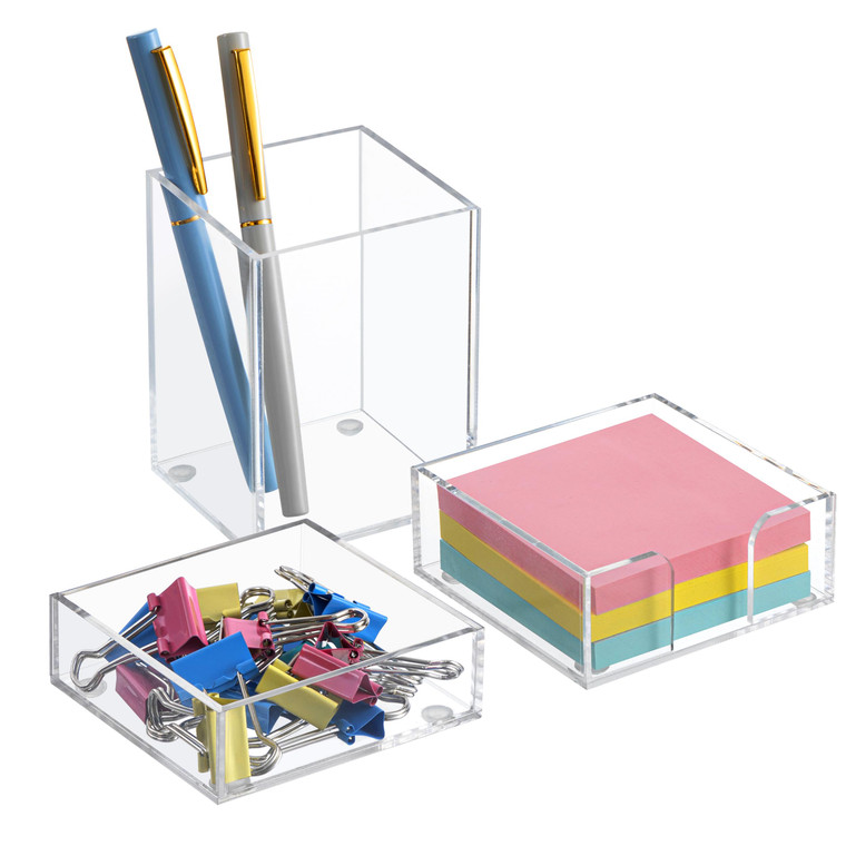 HBlife Office Desk Organizer Set of 3 with Pen Pencil Holder, Paperclip Storage and Sticky Note Holder, Clear Acrylic Desktop Accessories and Workspa
