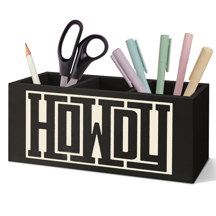 SNNDER Western Office Decor Pen Holder for Desk, Western Gifts for Women Men, Retro Howdy Western Wooden Pen Pencil Holder Organizer for Home Office