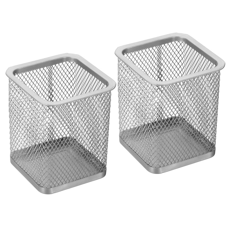 PATIKIL Mesh Pen Holder, 2 Pack Pencil Holder Pencil Basket Pen Cup Locker Organizer Square Makeup Brush Holder for Desk Accessories, Silver