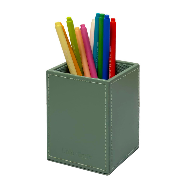 UnionBasic Square Pens Pencils Cup Holder Desk Stationery Organizer, Selected Faux Leather, Malachite Green