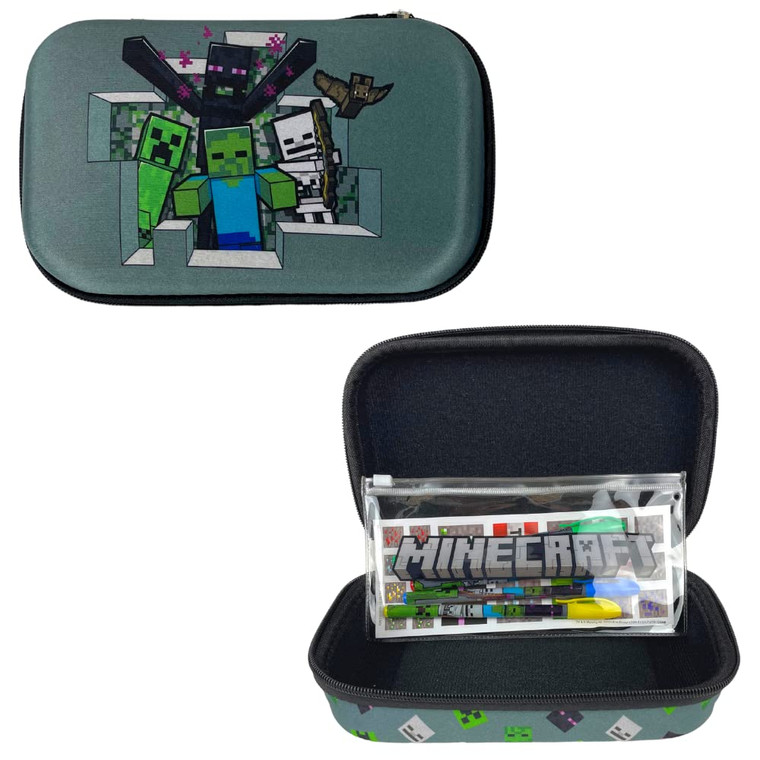 Innovative Designs Minecraft Pencil Case Set with Stickers and Gel Pens for Kids, Molded with Zip Closure