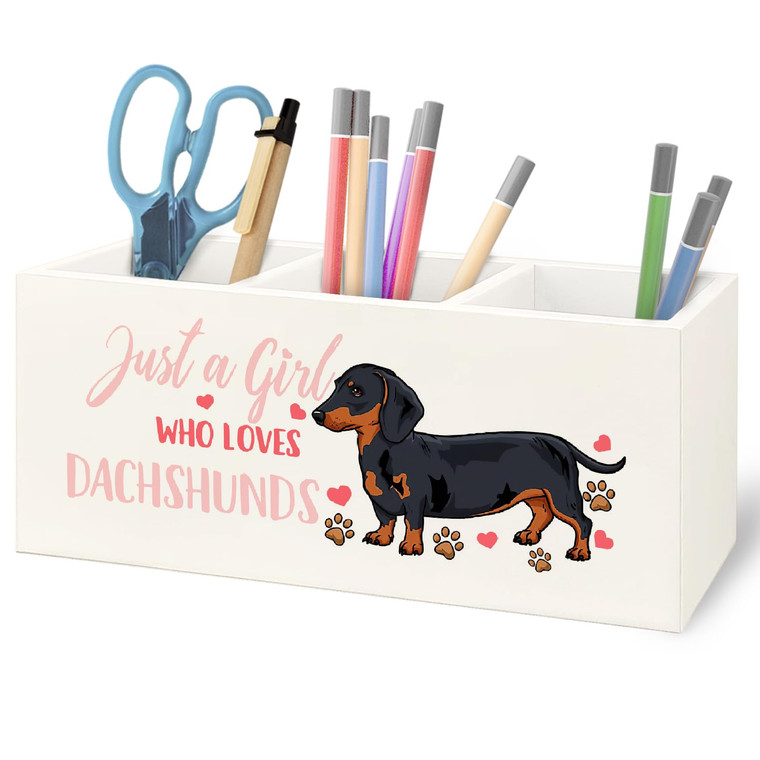 URLLUAE Dachshund Lover Gifts for Women Girls Wooden Pen Pencil Holder for Office Desk Accessories, Just a Girl Who Loves Dachshund Makeup Brush Toot