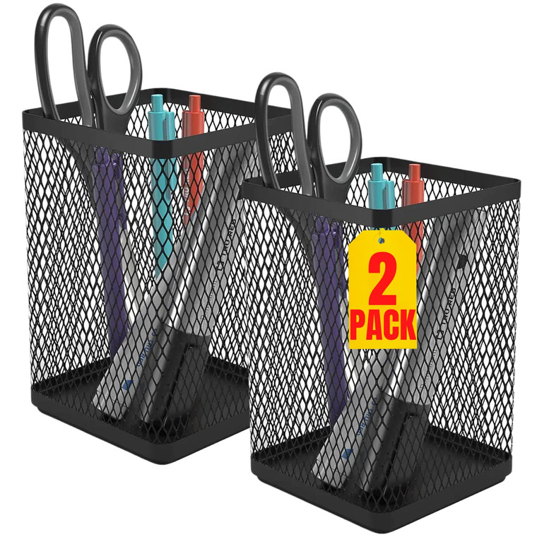 1InTheOffice Pencil Cups for Desk, Jumbo Pencil Holder, Stackable Wire Mesh Jumbo Pencil Holder, Matte Black 2 pack