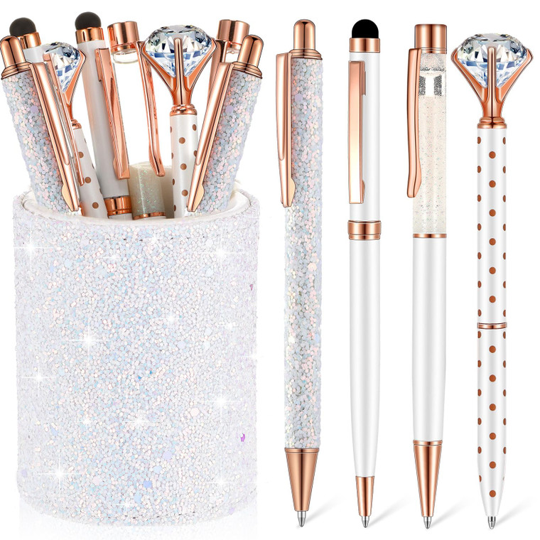 Sabary 8 Pcs White Pens with Pen Holder for Desk Glitter Crystal Diamond Cute Ballpoint Fancy Pencil Holder Bling Desk Organizer for Women Girls Gift