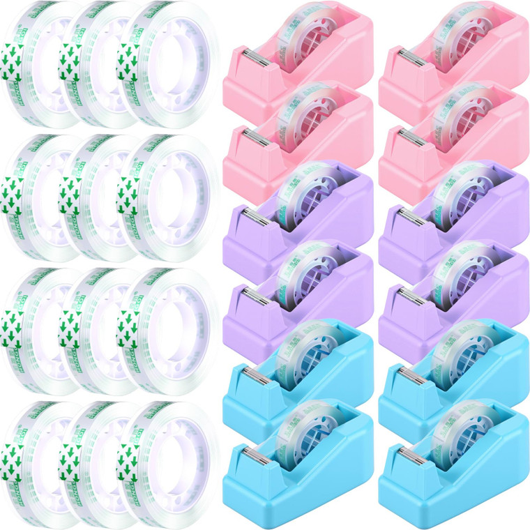 AmazingSpark 12 Pack Desktop Tape Dispenser Bulk with 12 Rolls of Transparent Tape, Office Desk Accessories Weighted Non Skid Base for Operation Chri