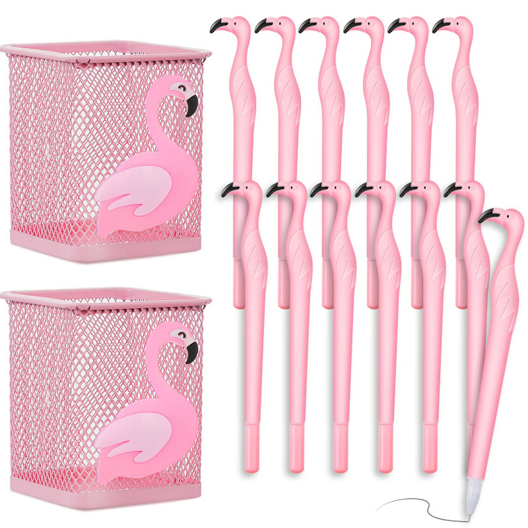 Henoyso 14 Pcs Metal Flamingo Pen and Pencil Holder - Cute Pink Square Holders for Desk, Office, Home - Women's Gift, Makeup Brush, Candy Box (1 Flam