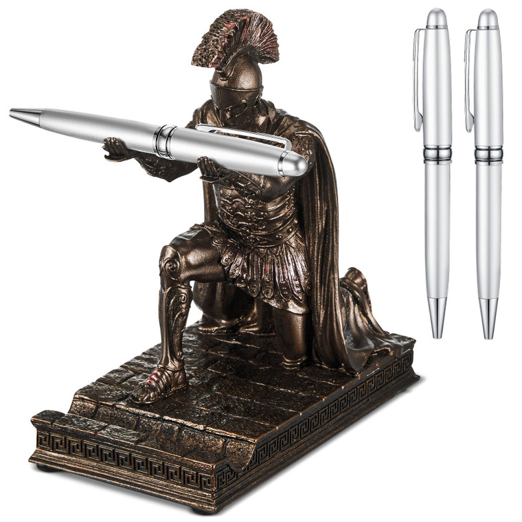 Spakon Roman Knight Pen Holder with 2 Pens Resin Desk Organizers and Accessories Funny Executive Pen Stand King's Guard Fancy Cool Office Gadgets Coo