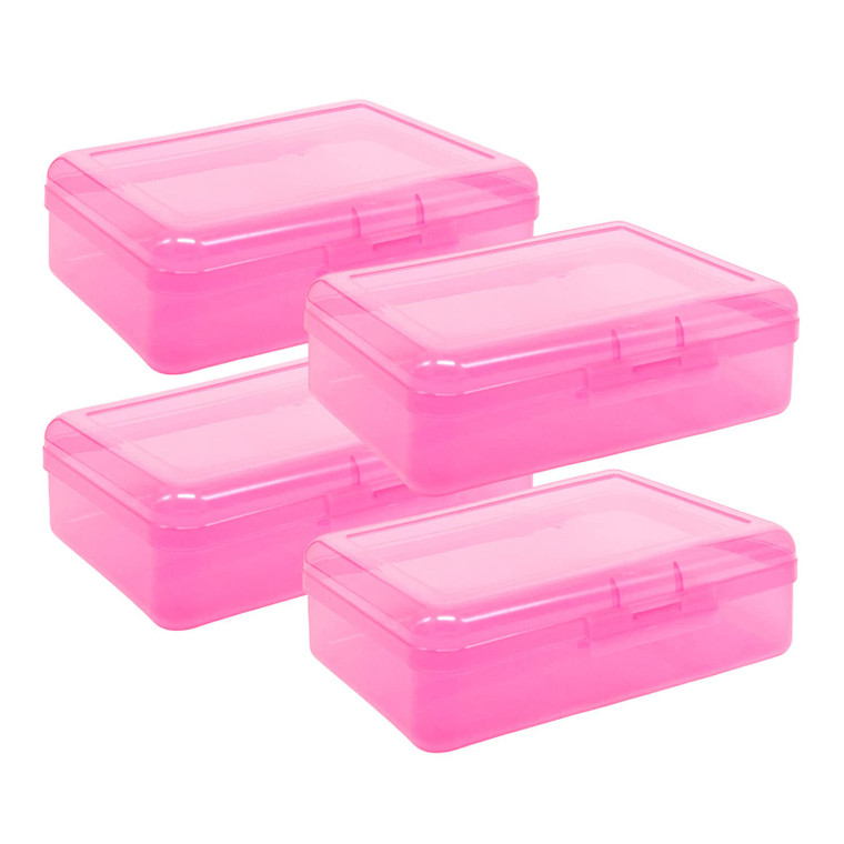 Ykimok Large Capacity Clear Pencil Box, Pencil Case, Plastic Pencil Boxes, Stackable Design, Supply Boxes for School Classroom, 4-Pack (Pink)