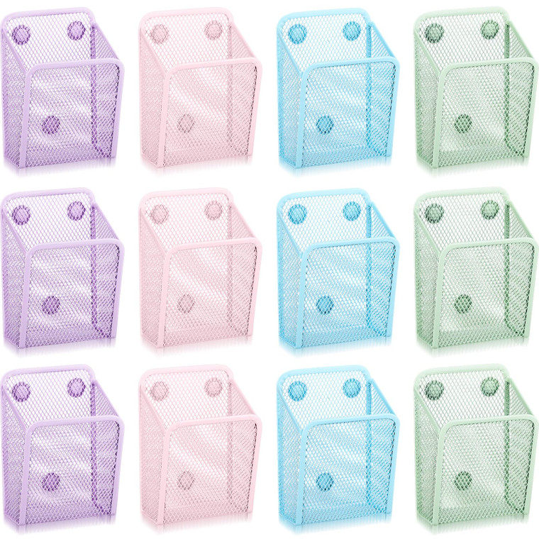 AmazingSpark 12 Pcs Pastel Magnetic Pencil Holder Mesh Stainless Steel Pen Basket Metal Pencil Locker Organizer Accessories for Fridge Whiteboard Hom