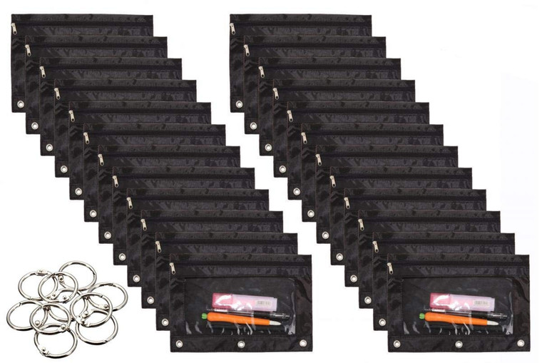 Wodison 24 Packs 3 Ring Binder Pen Pencil Case Pouch Bulk Set Stationery Bag for School Class Office Black