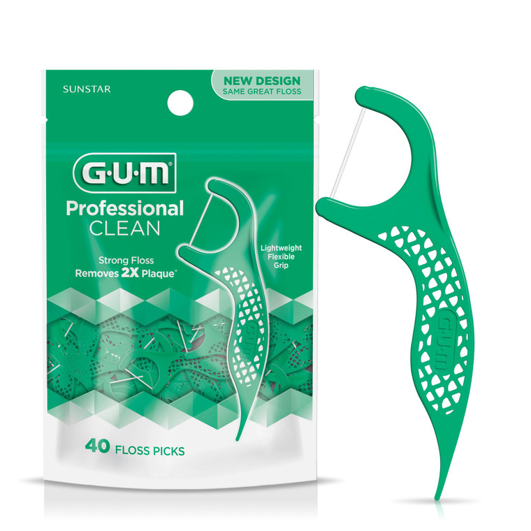 GUM Professional Clean Floss Picks - Extra Strong Shred-Resistant Floss, Easy Grip Handle - Dental Flossers for Adults - Fresh Mint Flavor, 40 Count