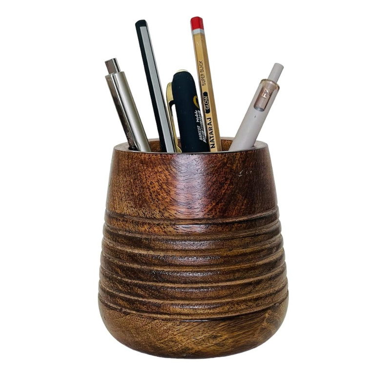 Mie Creations Wooden Pencil Holder for Desk Table | Wood Pen Cup, Rustic Office Desktop Organizer, Paintbrush Stand, Makeup Brush Holder | Modern Sta