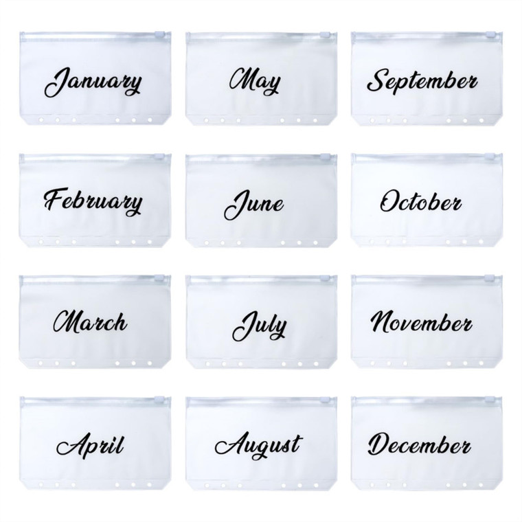 XiowDow A6 Binder Pockets 12 Months Cash Envelopes for Budgeting Frosted PVC Money Organizer Monthly Cash Stuffing Envelopes Zipper Pouch for Saving