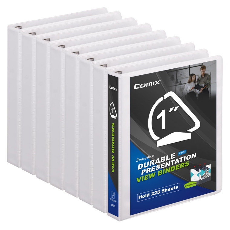 Comix Sturdy 3-Ring-Binder 1-inch D Ring Binders, 2.4mm-Thick, Hold 225 Sheets of 8.5" x 11" Paper, 8 Pack (White)