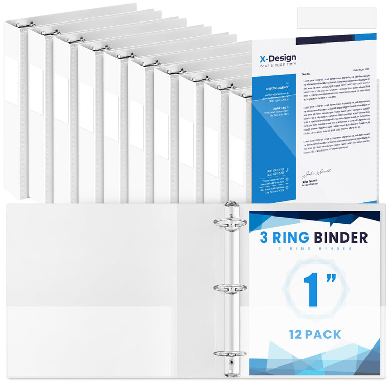 Henoyso 12 Pcs 1 Inch 3 Ring Flexible Poly Binders Bulk, White Plastic Telescoping 3 Ring Binder with Clear Front Cover and 2 Inner Pockets, Holds 24