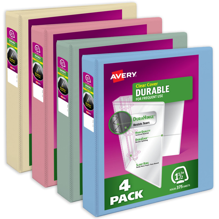 Avery Durable View 3 Ring Binders, 1.5 Inch Slant Rings, 375-Sheet Capacity, Assorted Pastel Colors, 4-Pack (05634)  for School, Office, Teachers, C