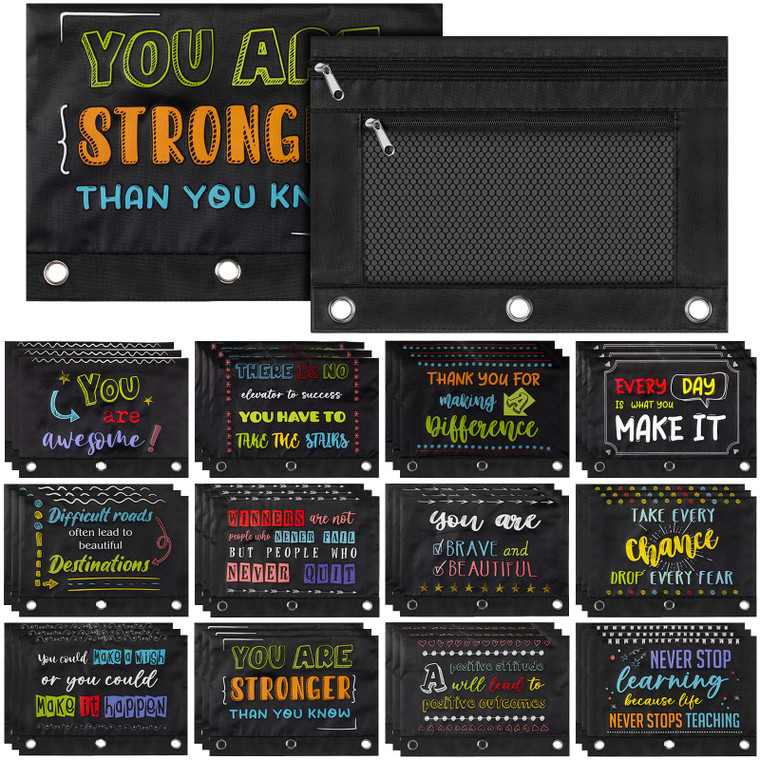 Honoson 36 Pcs Pencil Pouch for 3 Ring Binder Bulk Inspirational Pencil Pouch Double Zipper Pencil Bag for Classroom Binder Cosmetic Bag Pencil Folde