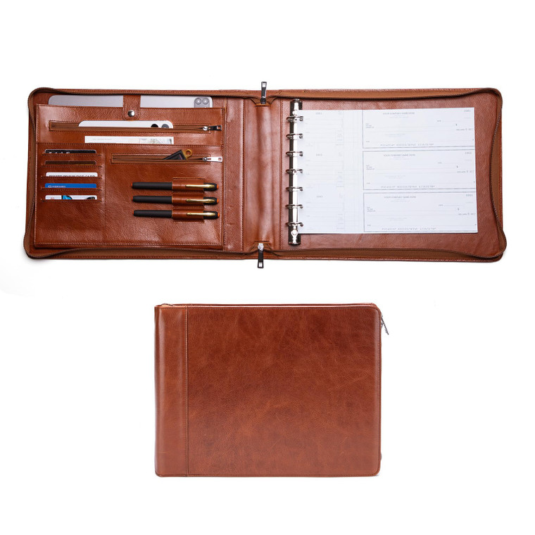 Geslun 7 Ring Check Binder, Genuine Leather Business Checkbook Cover Holder, 3-On-A-Page for 600 Checks (9 x 13), Desk Commercial Cheque Zippered Fo