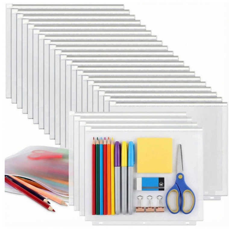 Zonon 30 Pcs A4 3 Rings Tansparent Zipper Binder Pouches Clear Binder Pockets with Zipper Folders Waterproof PVC Loose Leaf Bags Filling Bags for Pen