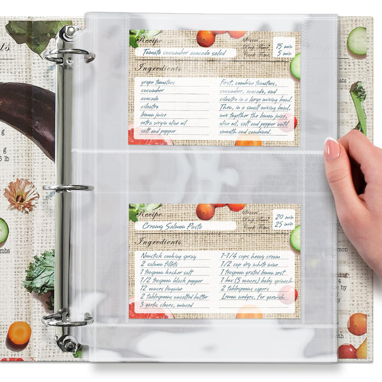 Full Size 4x6 for 8.5x11 Pack of 25 Recipe Card Protectors Top-Loading Crystal Clear Recipe Card Sleeves with 2 Pockets for 3 Ring Binder, Plastic In