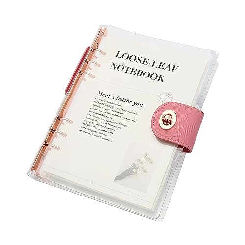 Clear A5 Refillable Notebook Binder with 90 Sheets Lined Paper Rose Gold 6-Ring Soft Transparent PVC Binder Cover Protector Shell Loose Leaf Journal
