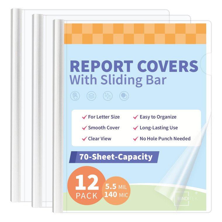 Binditek 12 Pack Clear Report Covers with Sliding Bars, 9mm Sliding Bar File Folder, 70 Sheet Capacity, Letter Size, 5.5 Mil Thick, White, for Studen