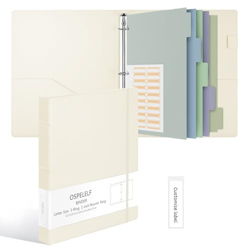 Ospelelf Vintage Hardcover 3 Ring 1 inch Leather Binder, Professional Binders Organizer Suitable for Letter Size Documents, Binder Dividers with Tabs
