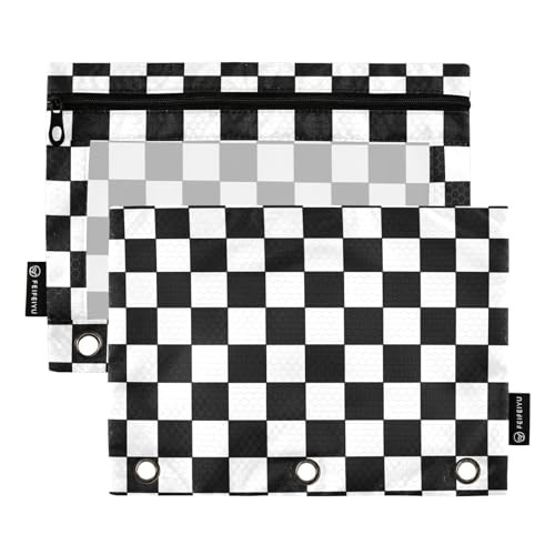 Fustylead Checkered Binder Pencil Pouch for 3 Ring, Pencil Pouches Bags with Zipper Clear Window for School Office Cosmetic Supplies, 2 Pack