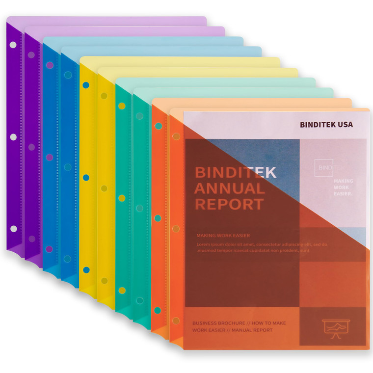 Binditek 10 Pack Poly Slash File Jackets for 3 Ring Binder, 3-Hole Punched Binder Pockets Organizer, Letter Size, 5 Assorted Colors, for Students and