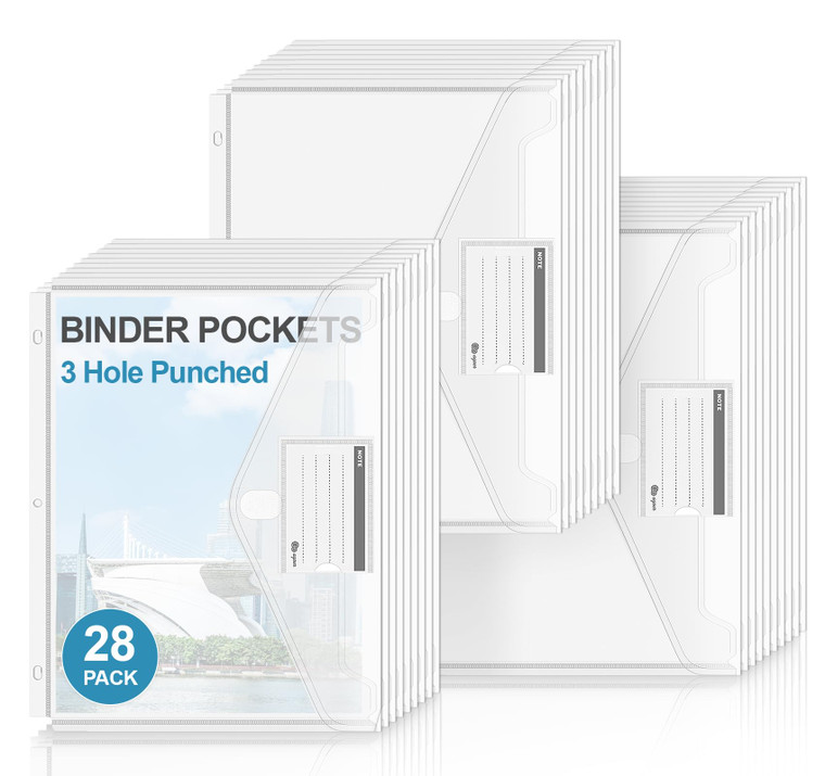 Agoer 3 Ring Binder Pocket,28 Pack Heavyweight Plastic Folder with Hook and Loop Closure,Letter Size clear Poly Envelope with Pockets and label,Binde