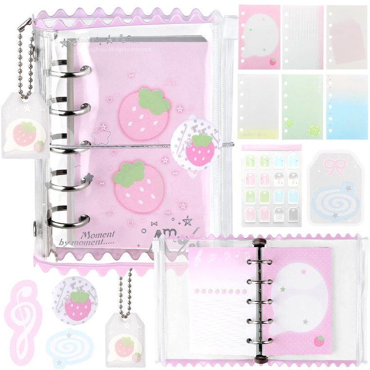 ?Kawaii M5 5 Rings Binder Notebook PVC Pink Strawberry Loose Leaf Binder Refillable Spiral Notebooks Daily Journal Cute Small Zipper Pocket Notebook