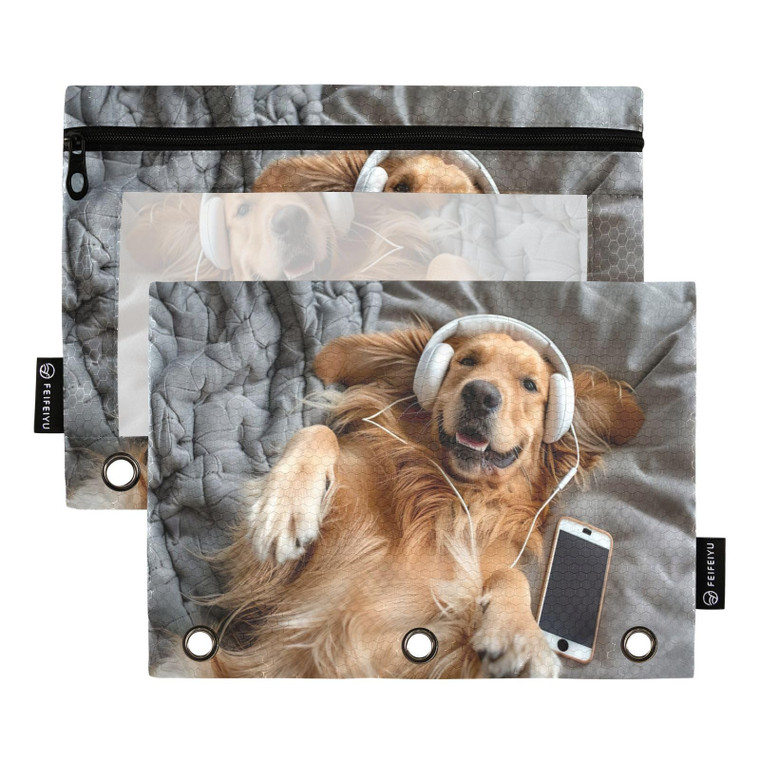 Blueangle Golden Retriever Dog Pencil Pouch for 3 Ring Binder, 2 Pack Binder Pencil Pouch with Clear Window Pencil Bags with Zipper for Office