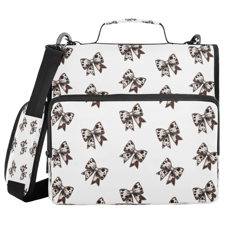 Kigai Cow Print Bows 3 Ring Zipper Binder with Handle & Shoulder Strap Expanding File Multiple Pockets Binder Organizer