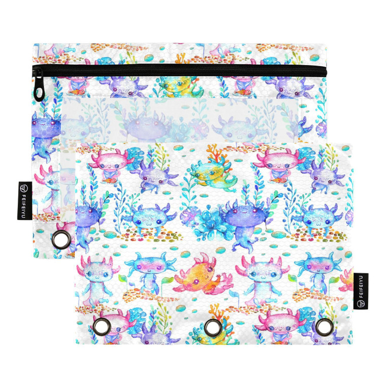Glaphy Watercolor Cute Axolotl Binder Pencil Pouch 3 Ring, Clear Window Zipper Pencil Case Bags Office Supplies 2 Pack