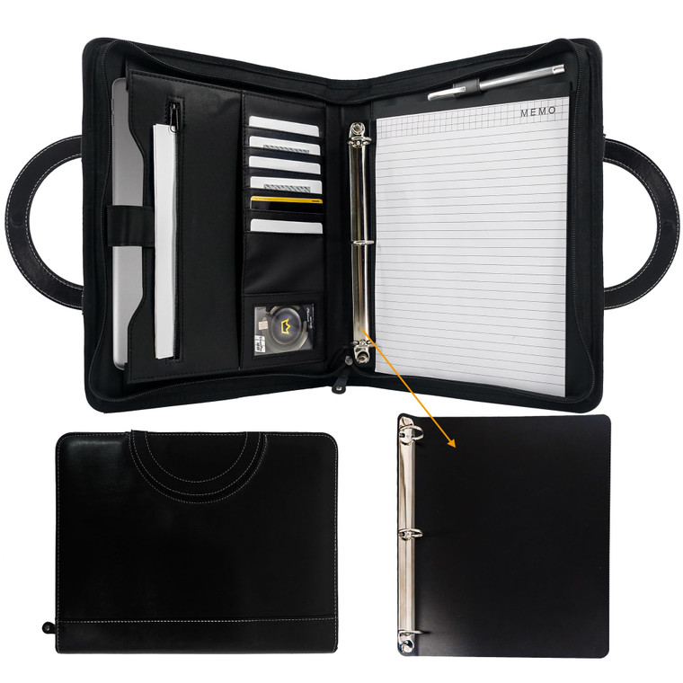 GraduatePro Zippered Portfolio Binder with Handles?Professional Faux Leather Padfolio with 3 Ring Binder (Removable), Storage Pouch for Tablet, Trave