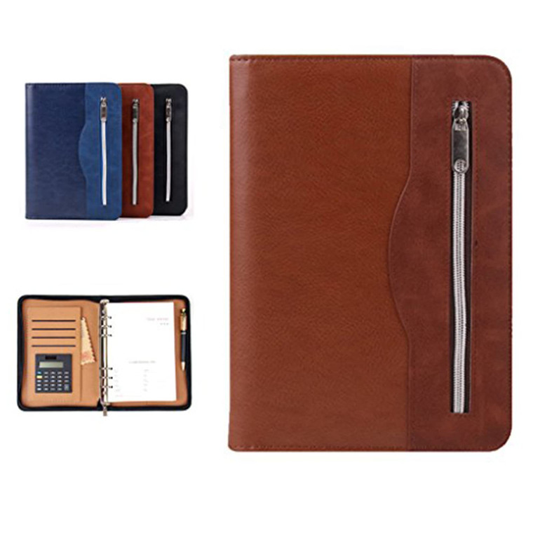 SAYEEC Leather Portfolio Notebook Binder with Calculator A5 6 Ring Refillable Budget Planner Binder Cover with Zipper Zippered Padfolio Organizer Bus