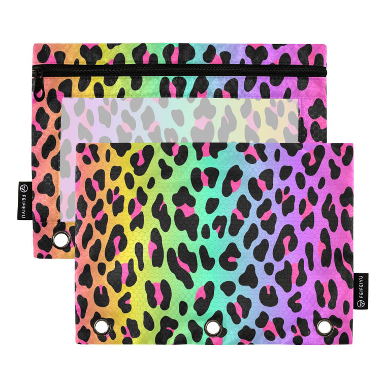 Rainbow Leopard Pencil Pouch for 3 Ring Binder Case Clear Window Stationery Bag for Organizers Office Daily College Supplies 2 Pack