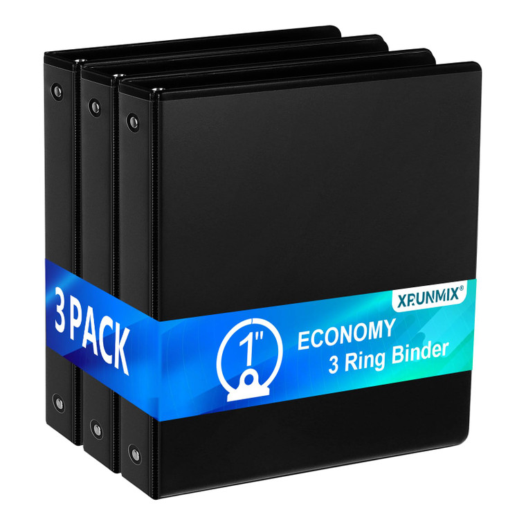 1'' Economy 3-Ring Binders, 1-inch Round Rings, Holds 200 Sheets US Letter Size, ClearVue Presentation View, Non-Stick, Black (3)