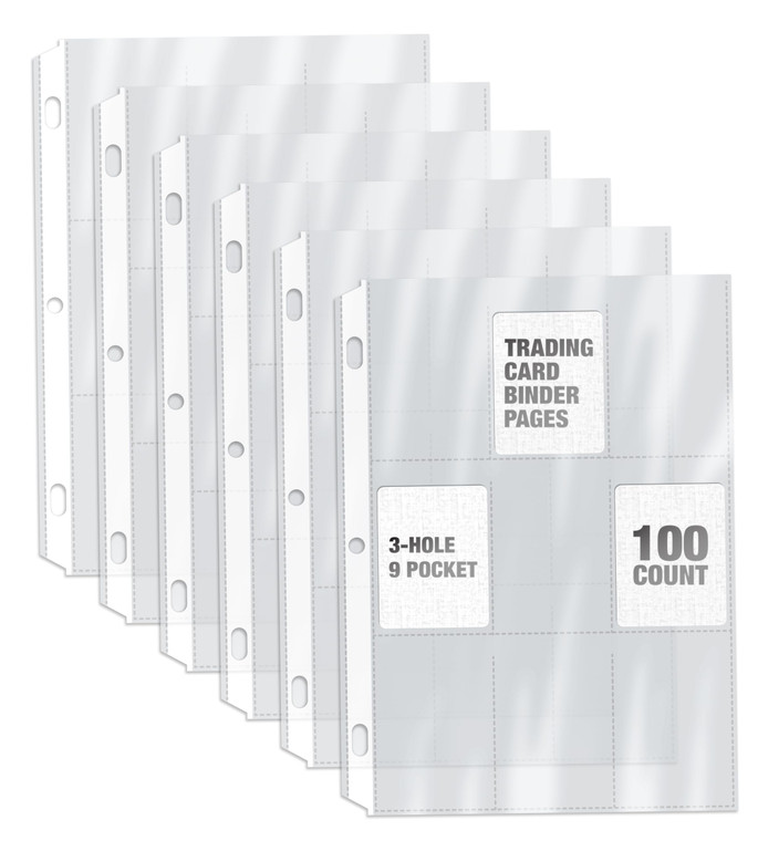 GOLD SEAL 100/Box Clear Heavyweight Trading Card Sleeve Pages, 9 Pockets Per Sheet, Single Sided, 900 Pockets, 3 Ring Binder Sheets, 100 Count