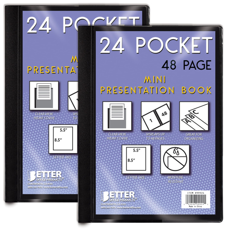 Mini Presentation Book, 5.5" x 8.5" (Half Page), 24 Pockets/48 Pages, 2 Pack, Small Poly Booklets with Clear Sleeves, with Clear View Front Pocket (B