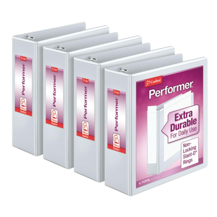 Cardinal Performer 3-Ring Binders, 3", Non-Locking Slant-D Rings, 725-Sheet Capacity, ClearVue Presentation, Non-Stick, PVC-Free, White, 4-Pack (2760